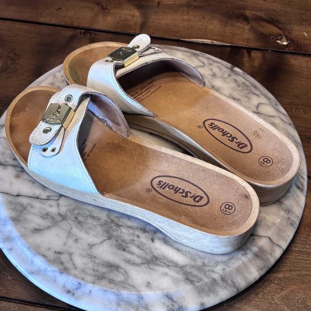 VTG Dr Scholl's Exercise Sandals Clogs Silver Mosaic Leather‎ Women Sz US 8.5 - Picture 3 of 6